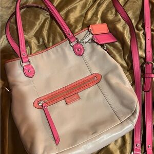 Coach Pink and Tan Shoulder Bag with Structured Handles & Shoulder Strap